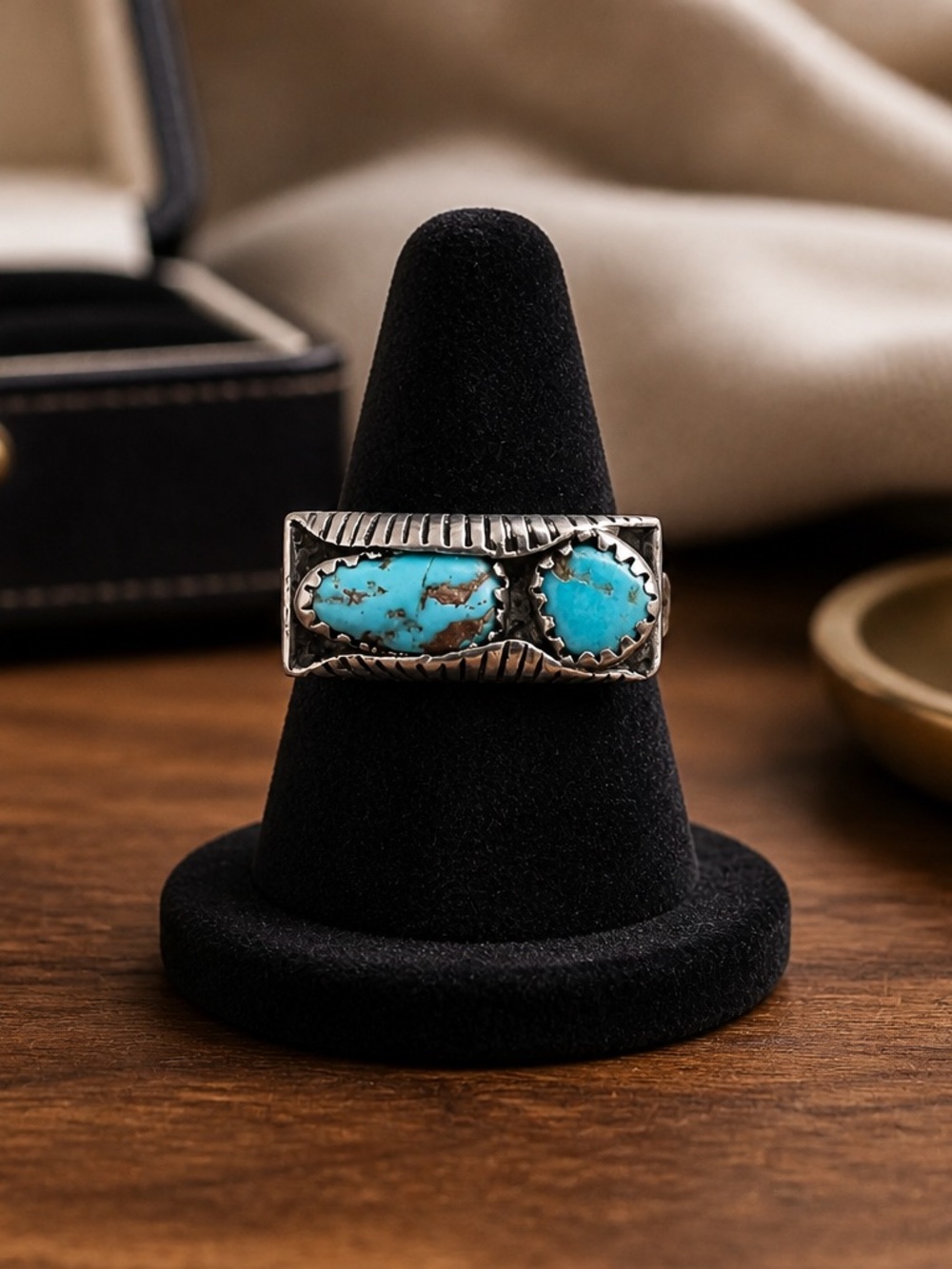 Size 6.5 Vintage Navajo Two Turquoise 925 Sterling Silver Statement Ring